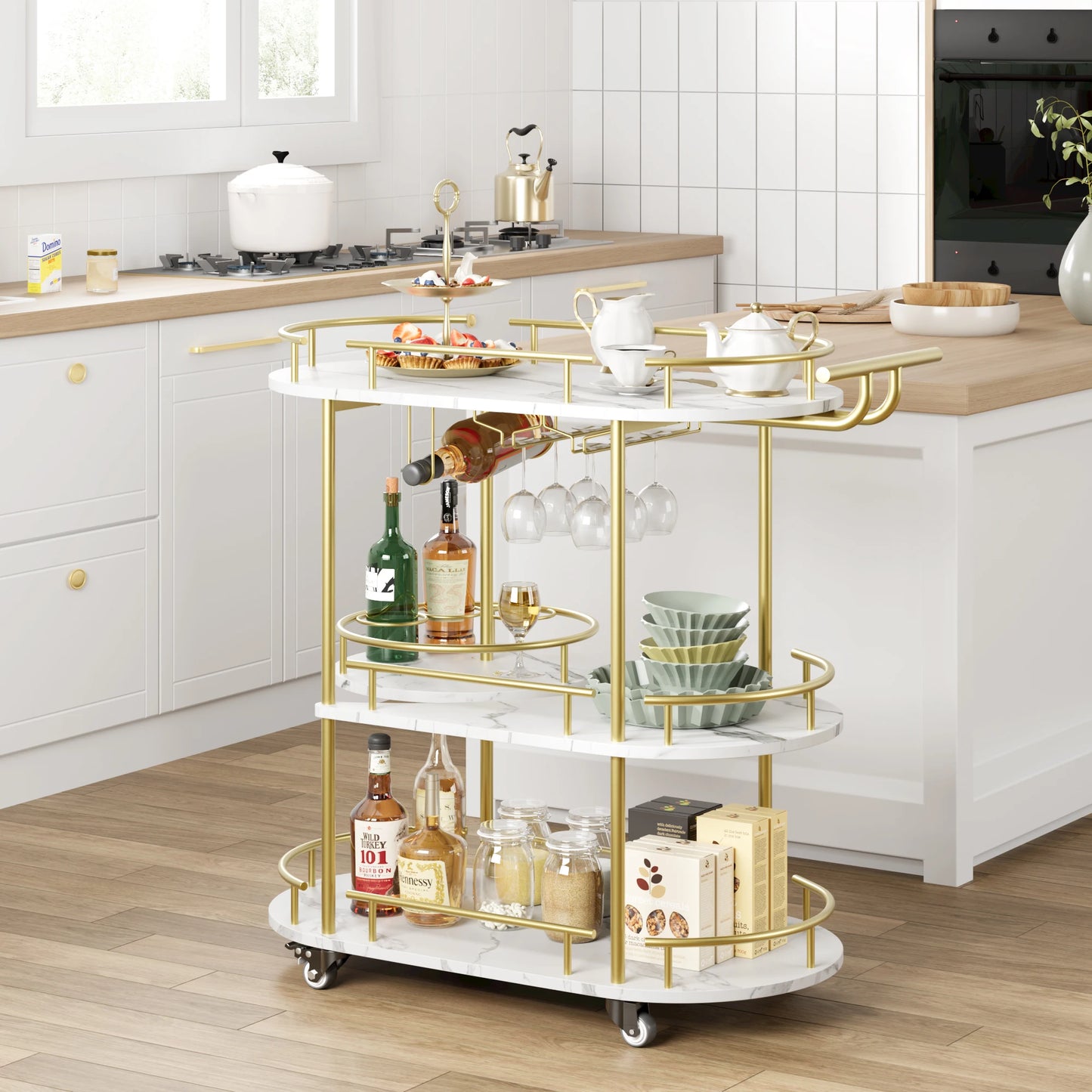 TWISTER.CK Bar Cart With 4Tier Shelf And Wine Glass Holder