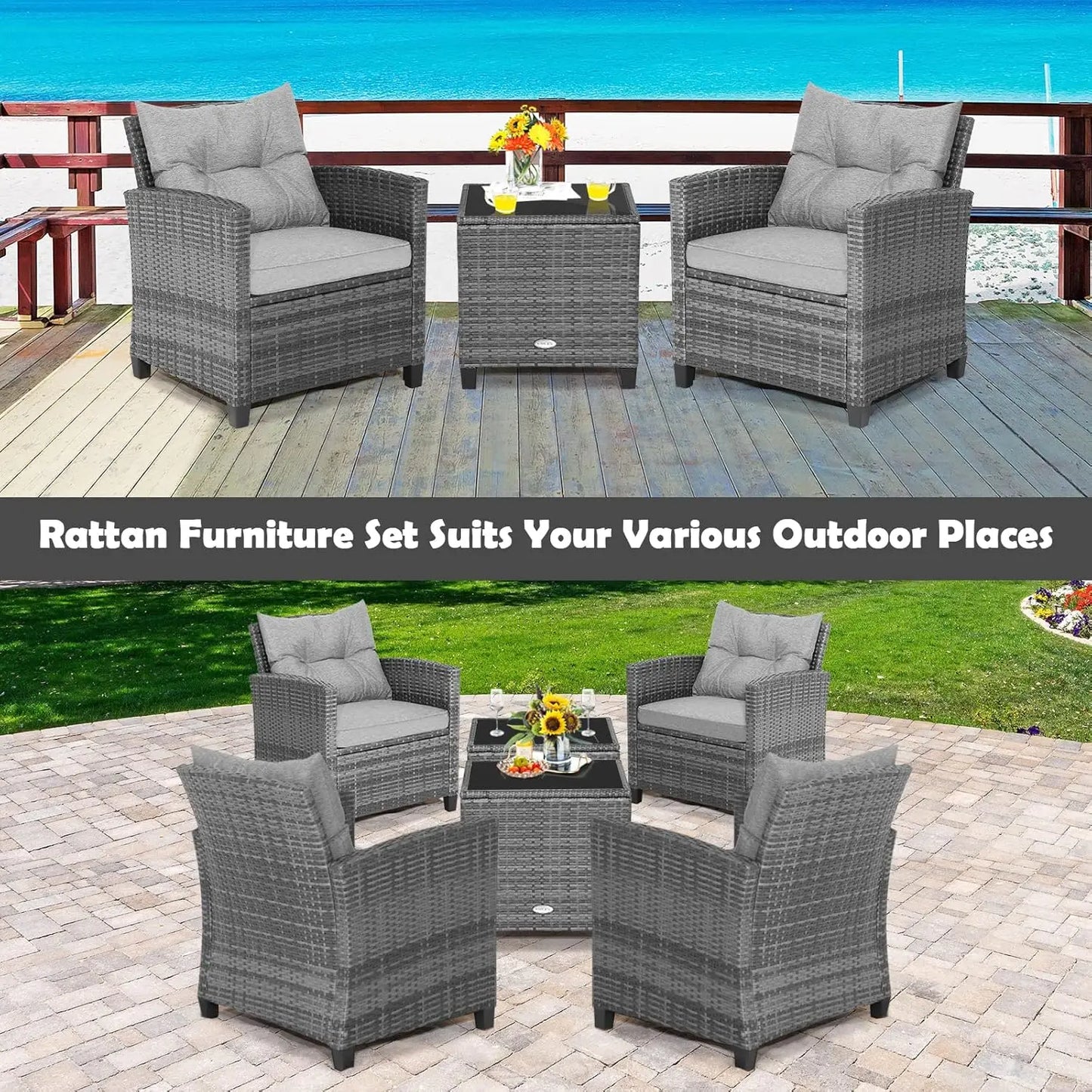 3 Piece Outdoor Patio Furniture Set With PE Rattan Chairs And Glass Table