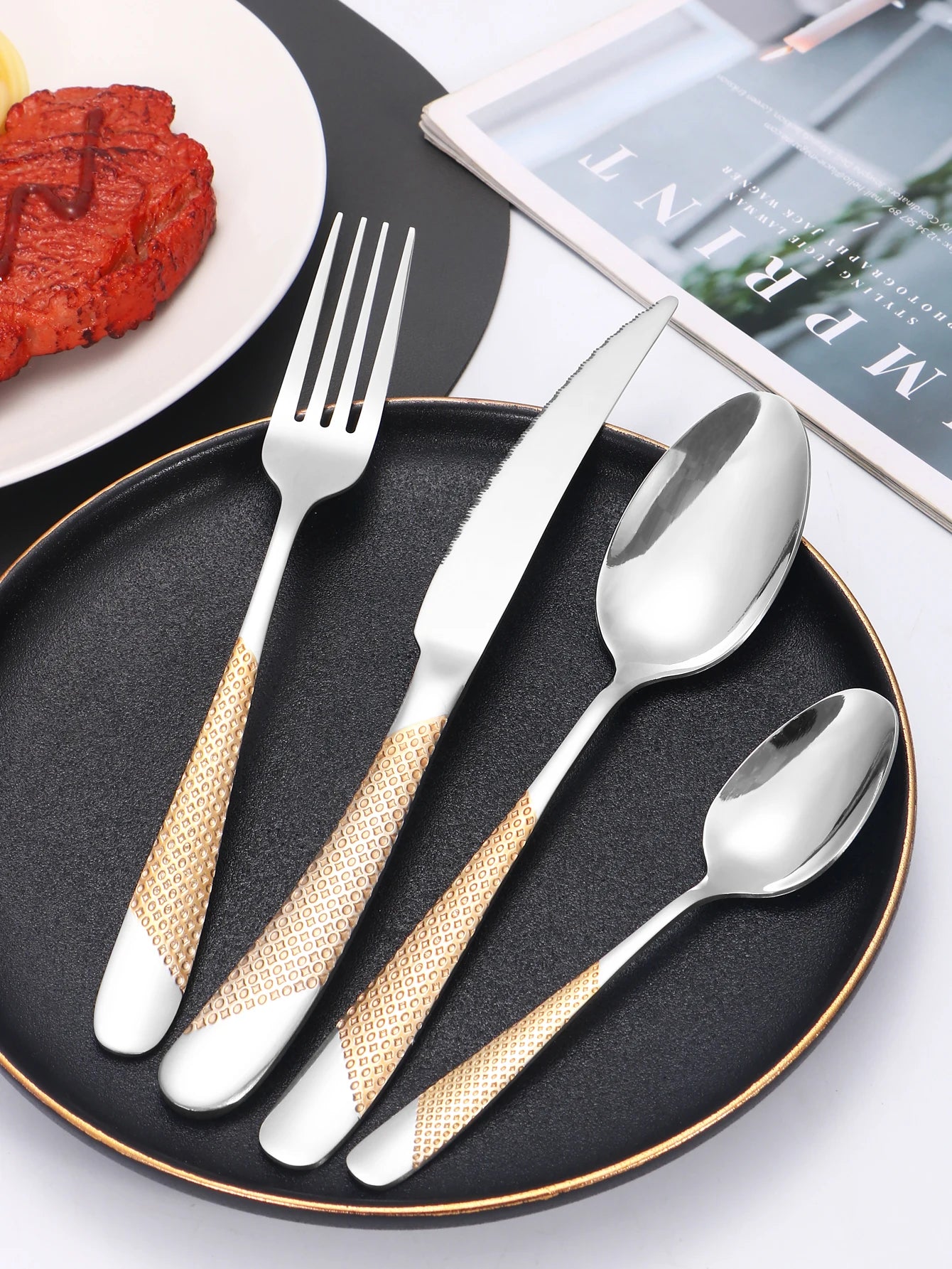 Stainless Steel 24 Piece Tableware Set With Star Diamond Pattern