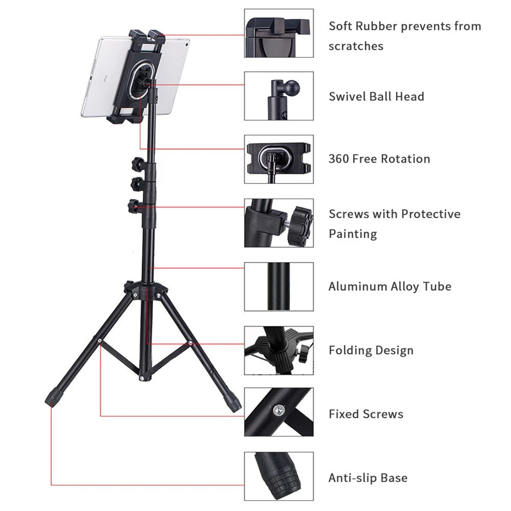 Unho Retractable Adjustable iPad Floor Stand Tripod 360 Degree Rotation