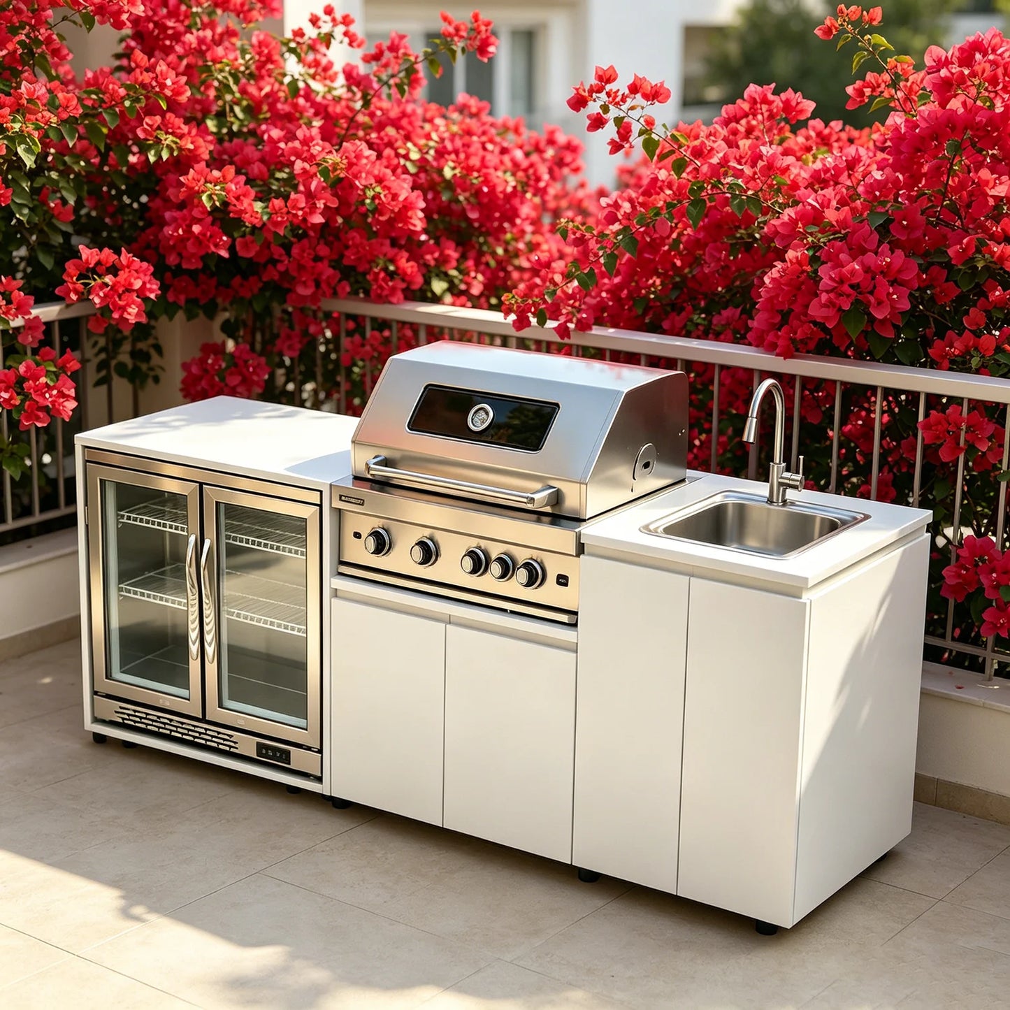 Stainless Steel Outdoor Kitchen With BBQ Grill And Refrigerator On Wheels