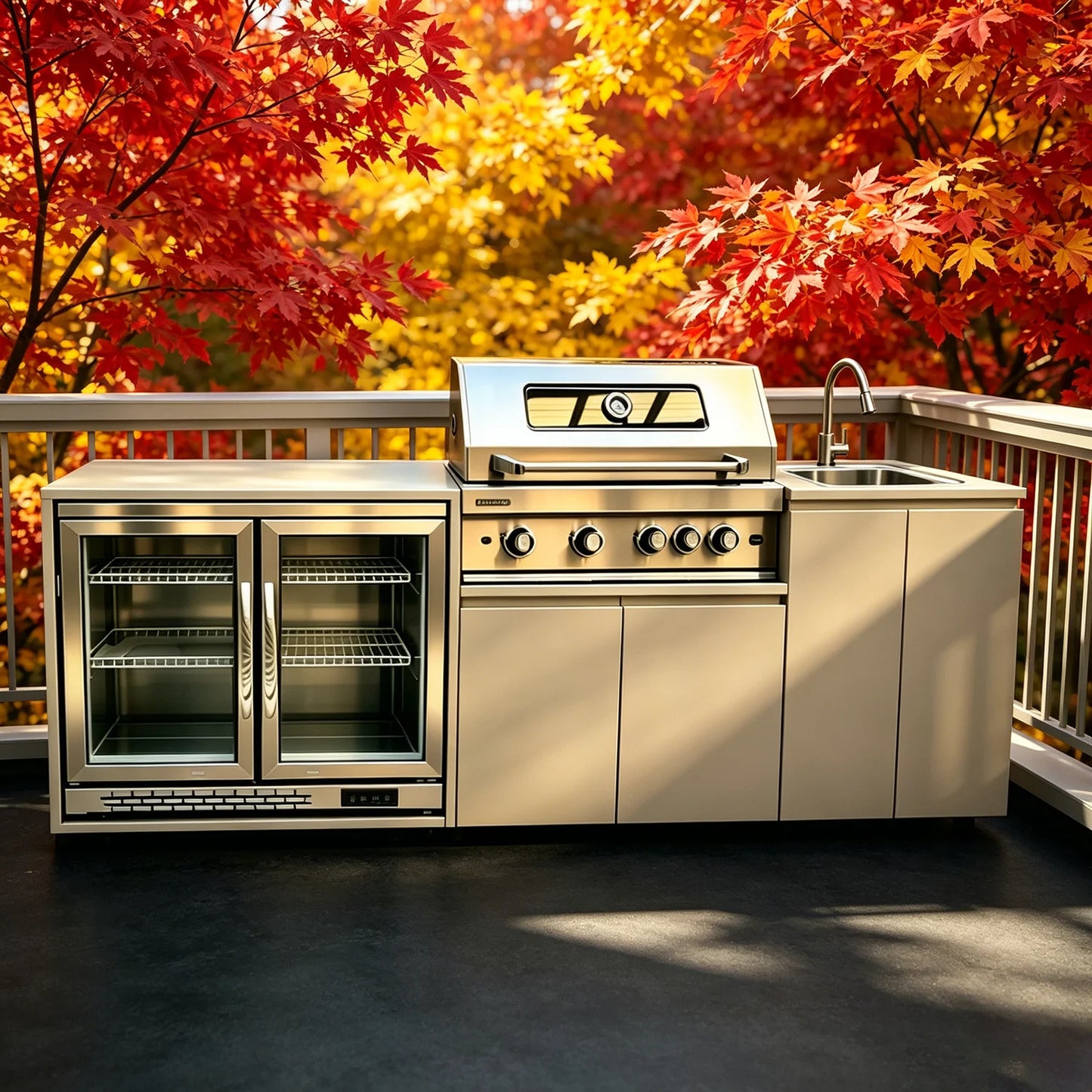 Stainless Steel Outdoor Kitchen With BBQ Grill And Refrigerator On Wheels