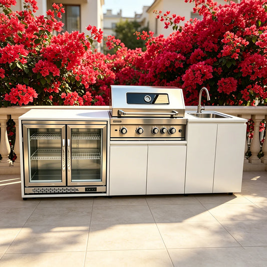 Stainless Steel Outdoor Kitchen With BBQ Grill And Refrigerator On Wheels