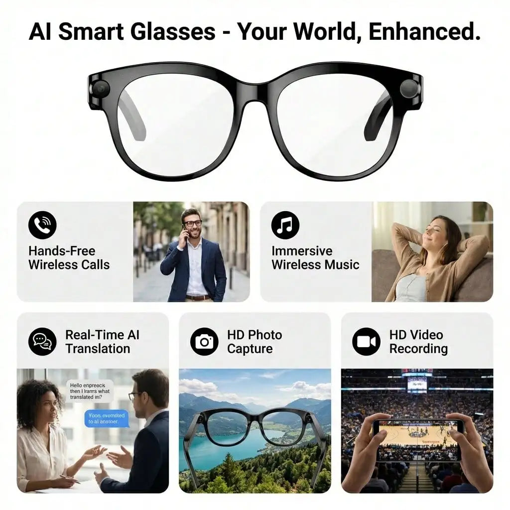 SENBONO AI Smart Glasses With 1080P 4K Video Real Time Translation Hands Free Camera Voice Assistant Sunglasses