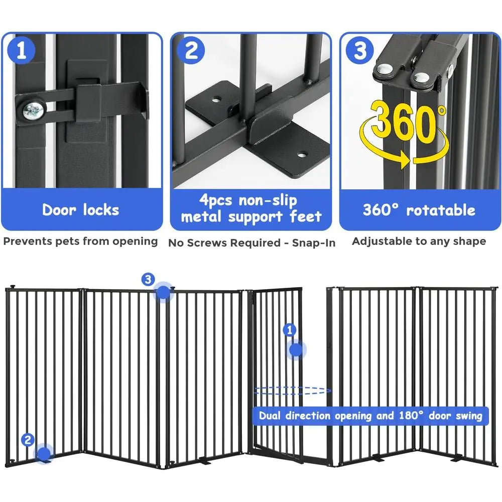 Six Panel Freestanding Metal Dog Gate With Door Indoor Outdoor