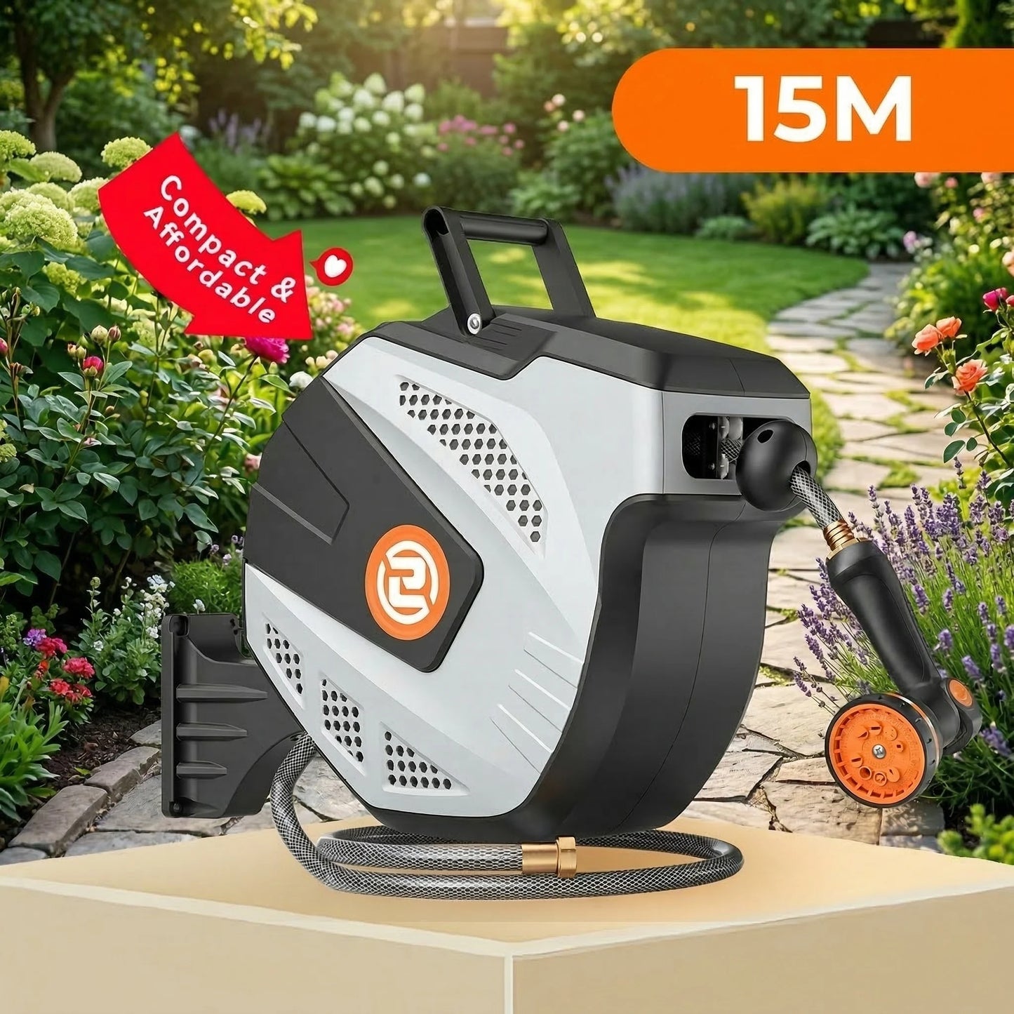 Self Retracting Garden Hose Reel With 10 Function Nozzle