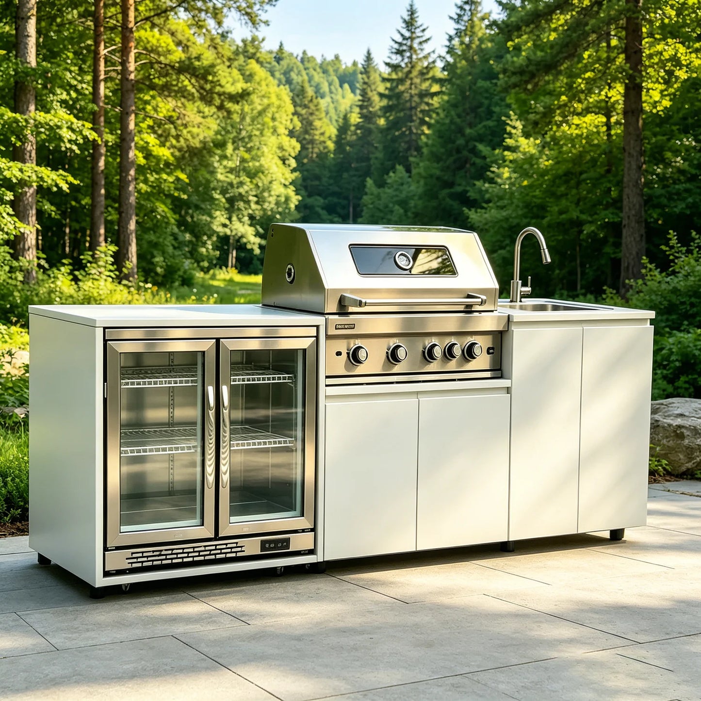 Stainless Steel Outdoor Kitchen With BBQ Grill And Refrigerator On Wheels