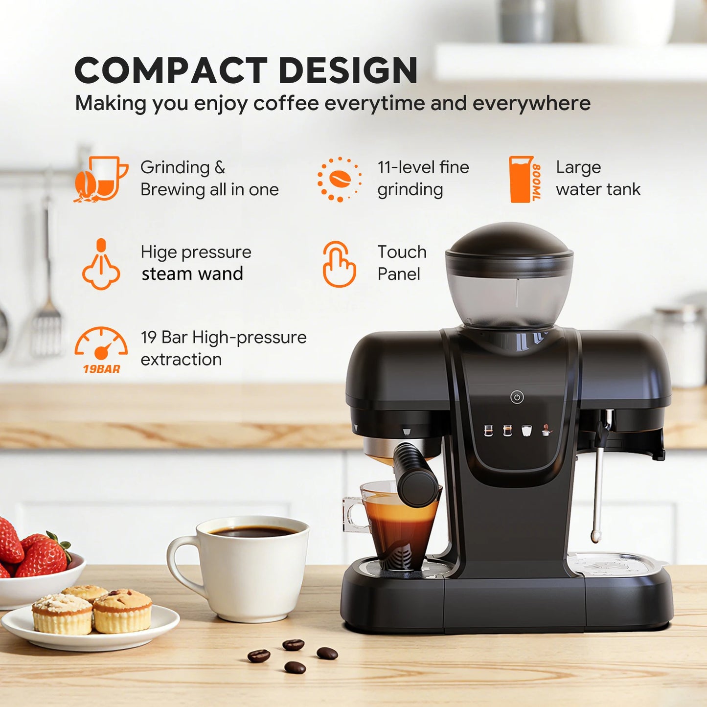Capadeli 19 Bar 3 In 1 Espresso Machine With Grinder