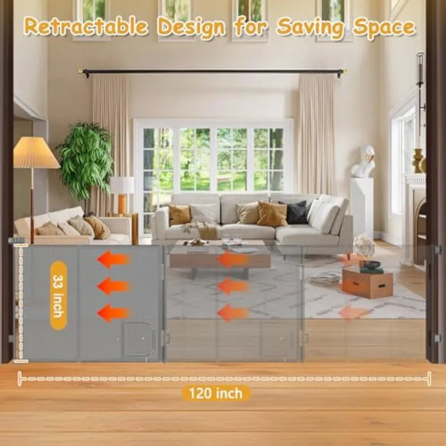 Reinforced Retractable Dog Gate With Cat Door For Large Openings