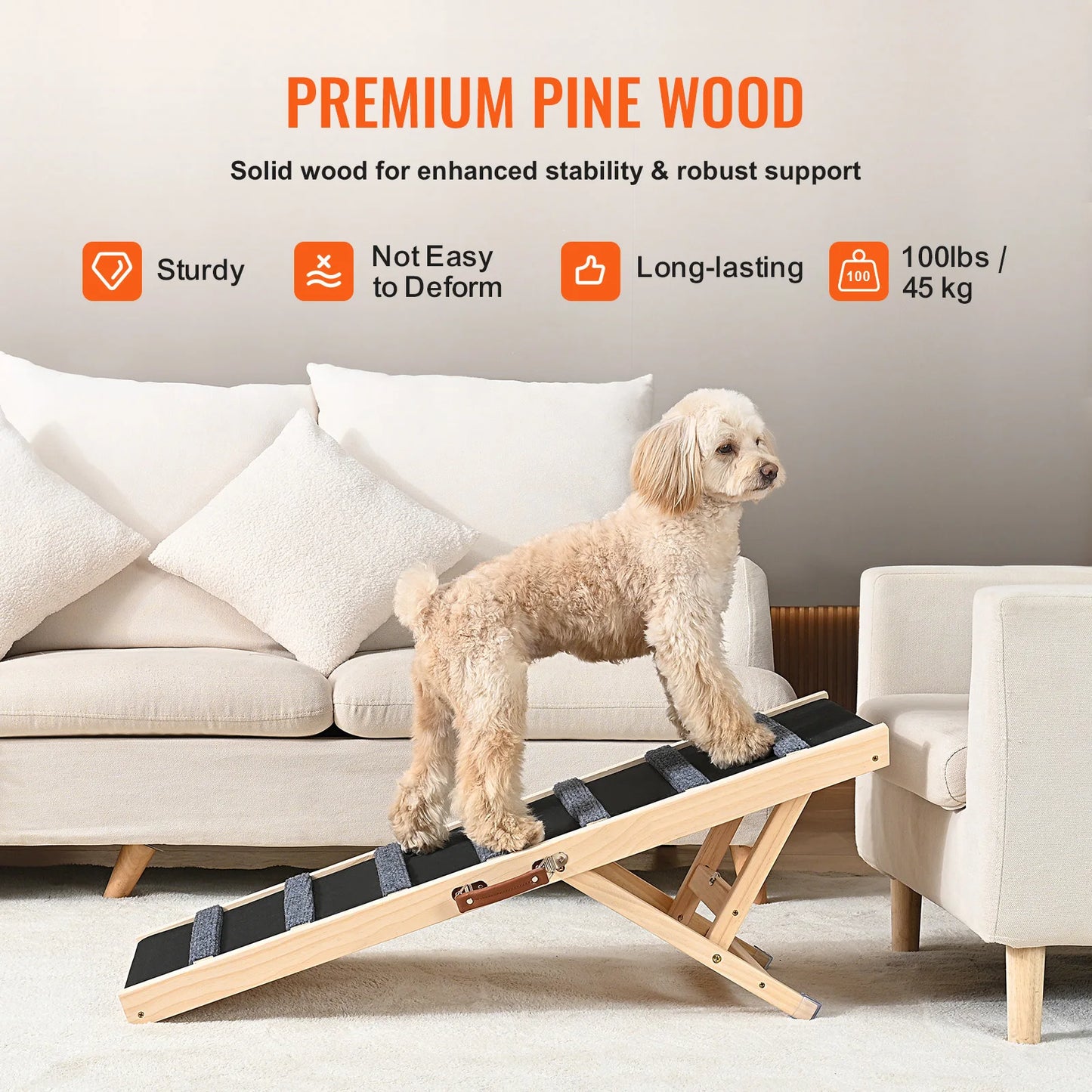 Give your small or aging dog confident access to sofas, beds, and cars with this folding wooden ramp.