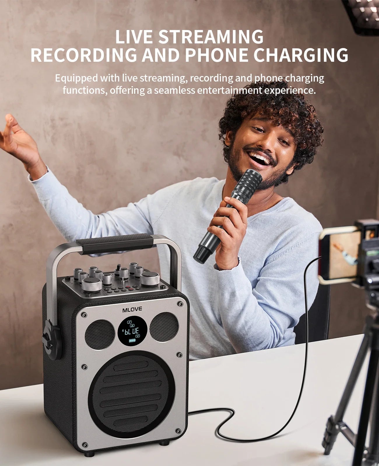 MLOVE D5 Karaoke Machine Bluetooth PA System 2 Wireless Microphones