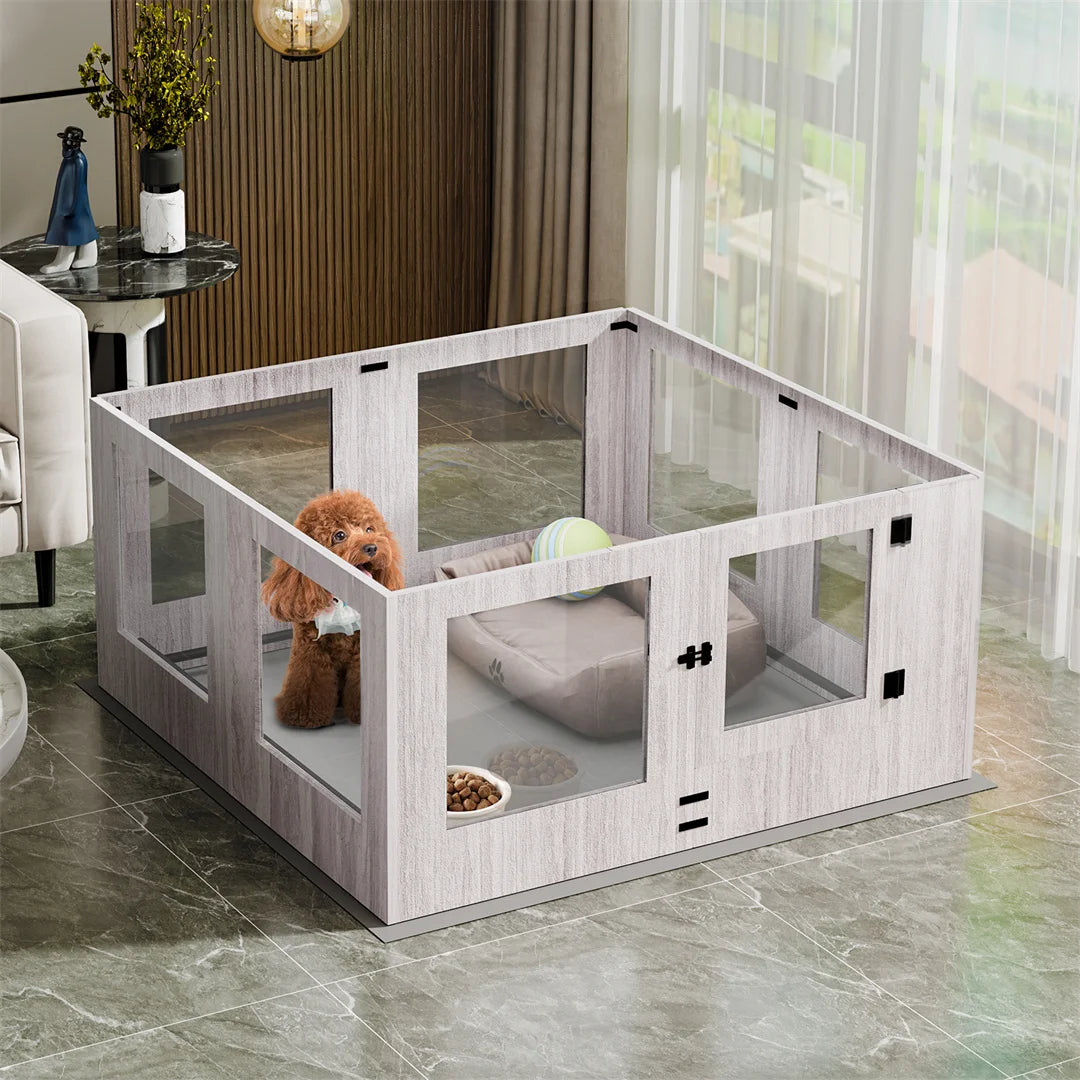 Bingopaw Detachable Tempered Glass Dog Playpen Whelping Box Protective Rails