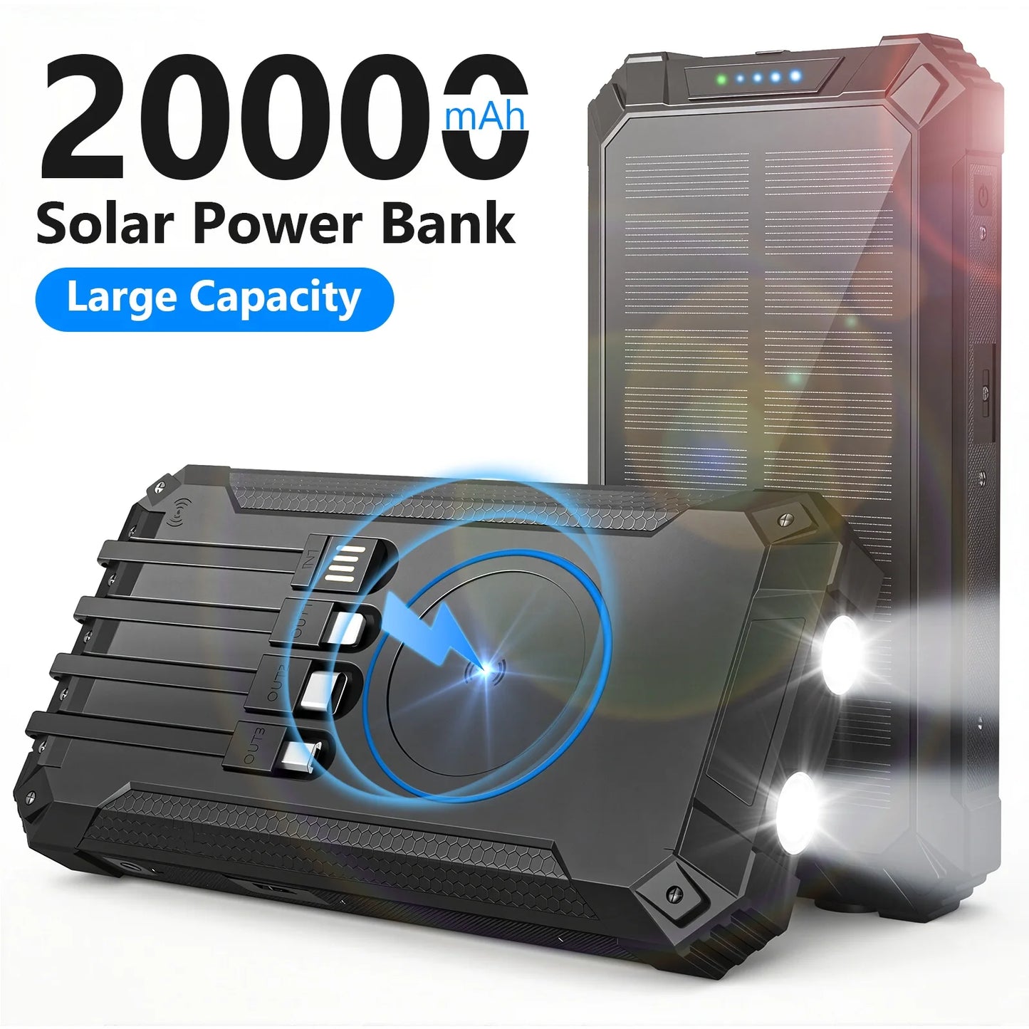 20000mAh Portable Solar Power Bank With Wireless Charging Led Lights