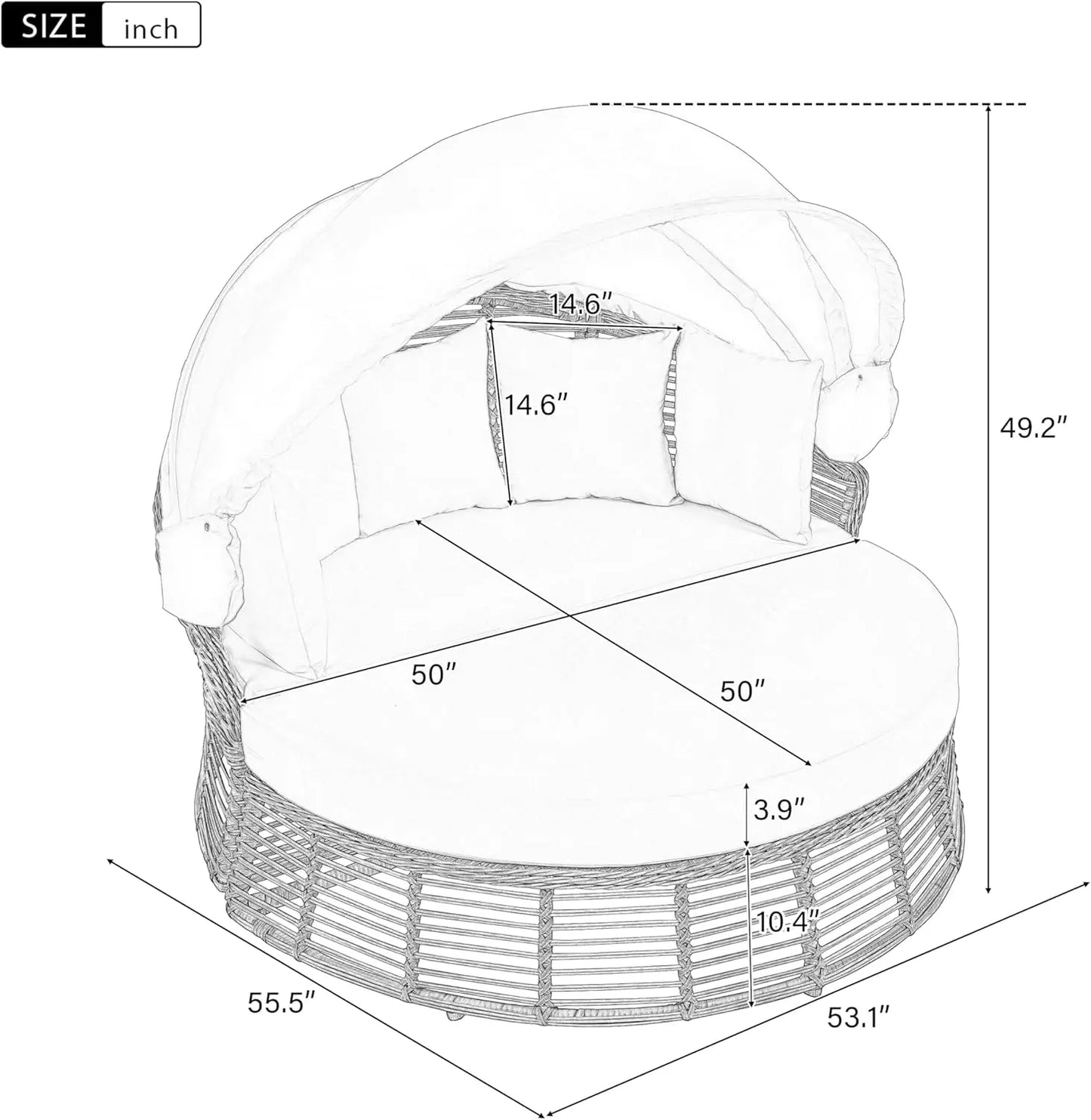 Outdoor Rattan Round Daybed With Retractable Canopy Wicker Furniture Poolside Sunbed With Removable Cushions