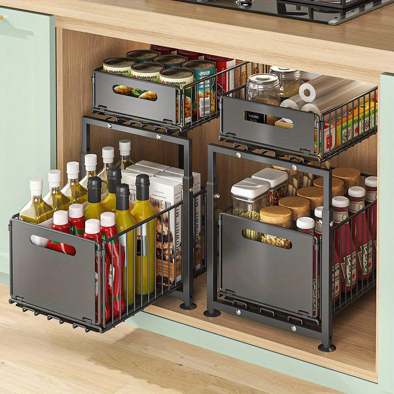 AeHome Two Tier Adjustable Slide Out Kitchen Cabinet Organizer