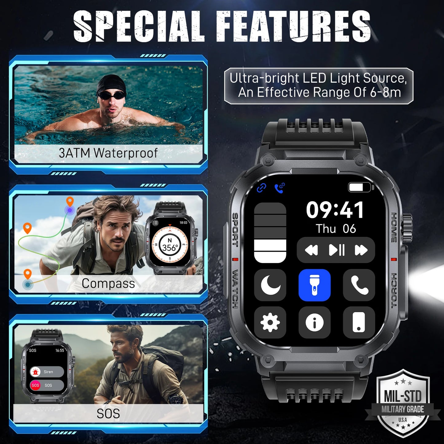 LaNikar Smart Watch Men 3ATM Waterproof Heart Rate Fitness Tracker