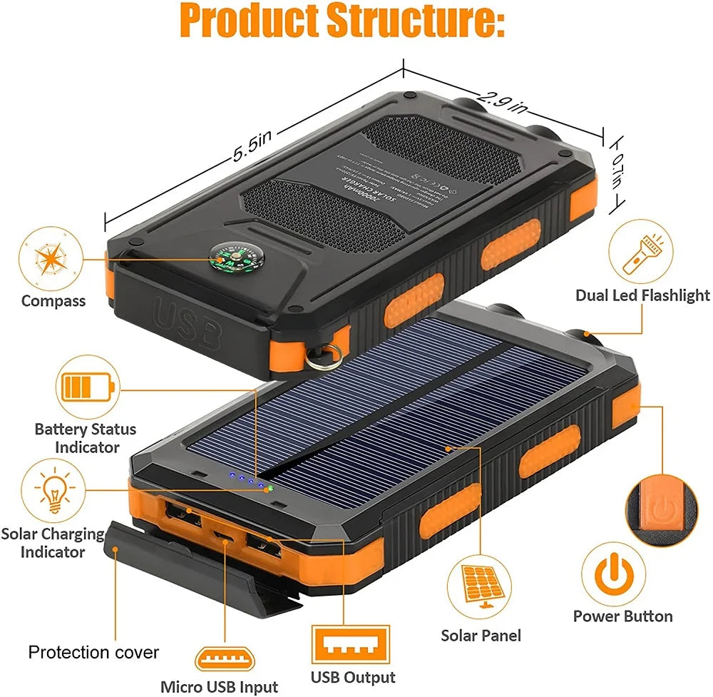 Oloey Solar Power Bank 80000Mah Portable Charger Strong Led Light