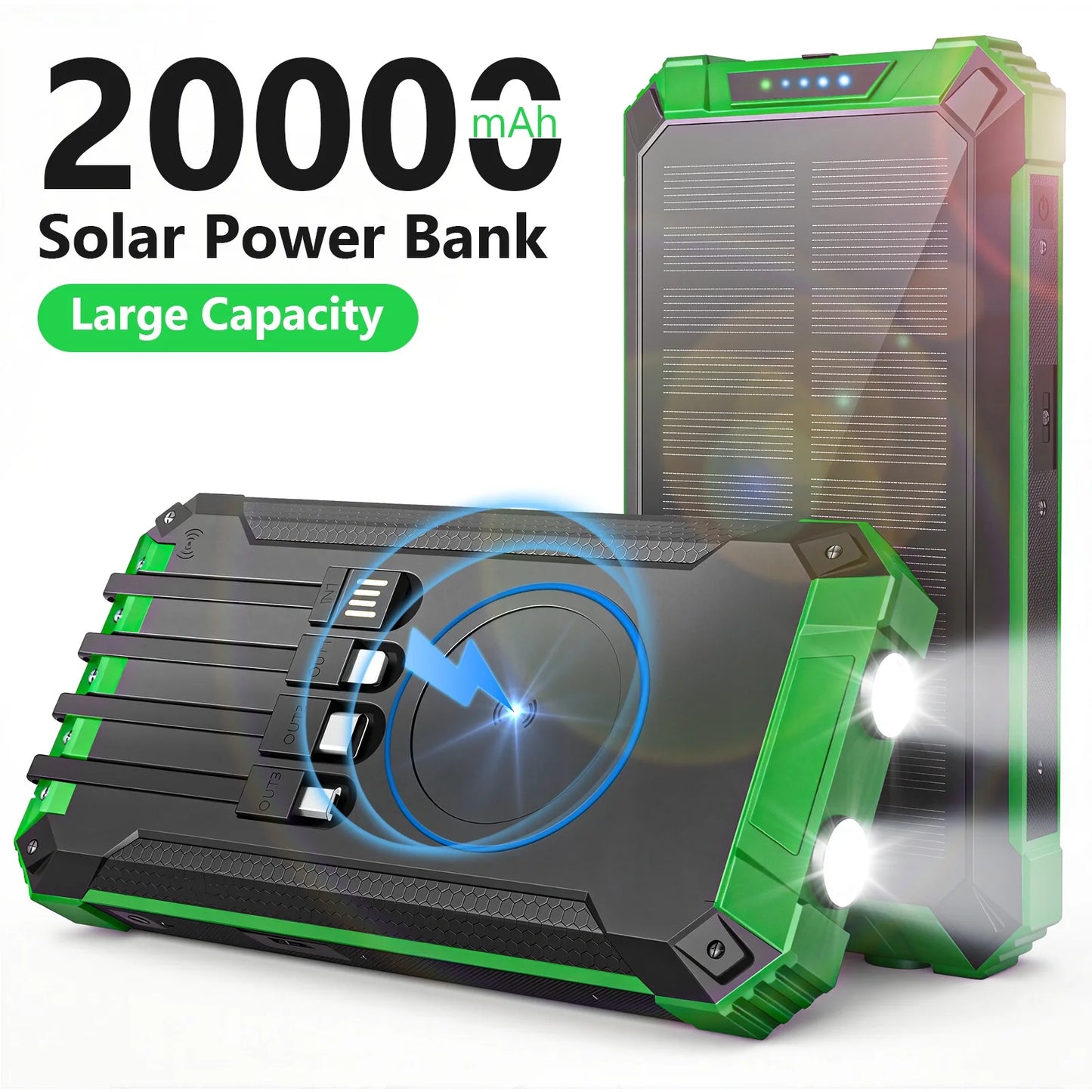 20000mAh Portable Solar Power Bank With Wireless Charging Led Lights