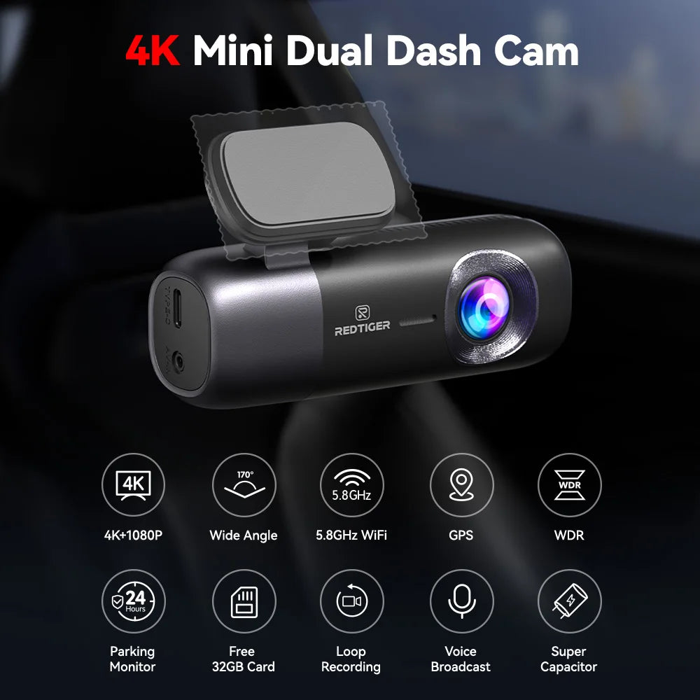 RedTiger Dash Cam 4K Front and Rear GPS Car Recorder
