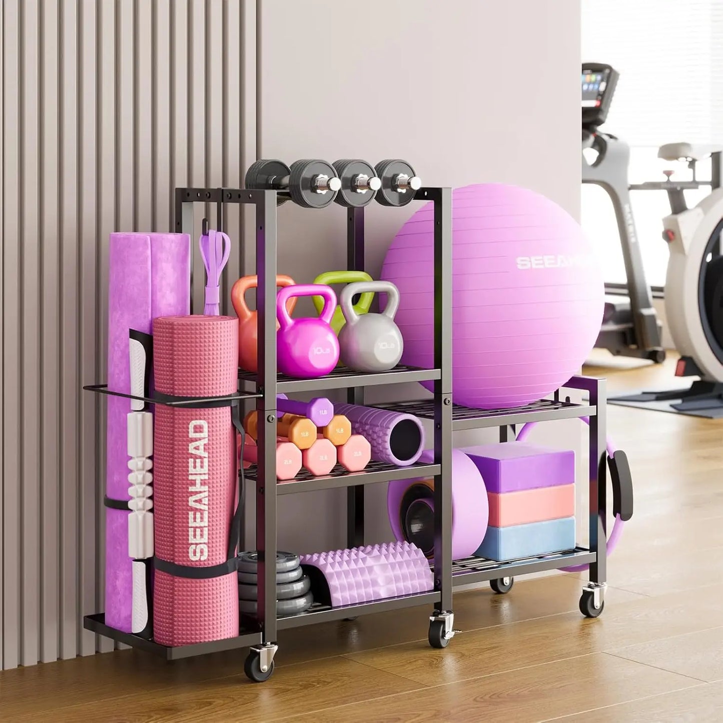 6-Tier Adjustable Gym Storage Rack With Wheels For Dumbbells, Yoga Mats, And Fitness Equipment