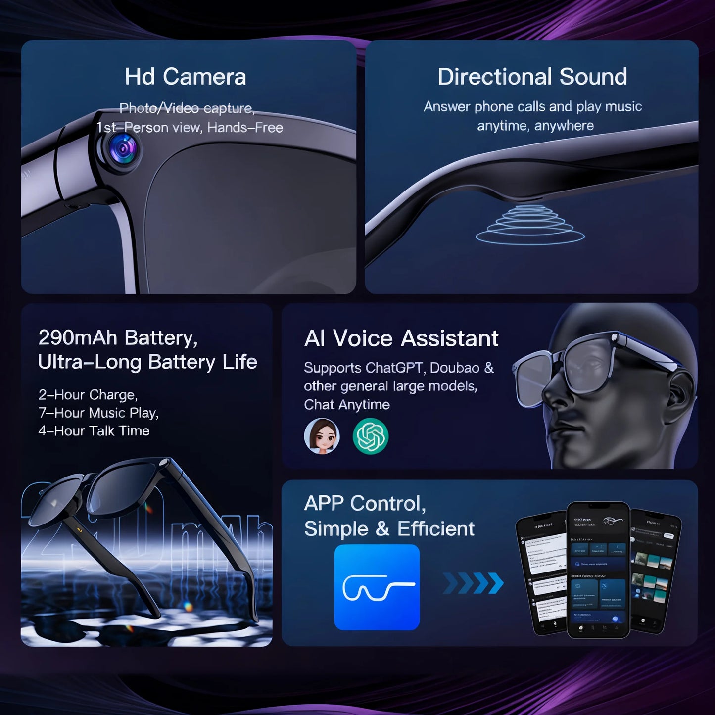 Fecoul M02S Camera Video Glasses With AI Translation Object Recognition Real Time Q And A HD Calls And HiFi Music