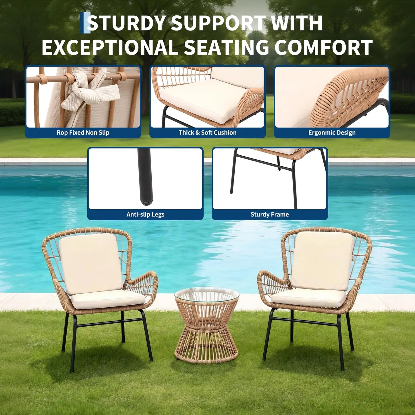 HobbyLane Boho 3 Piece Patio Furniture Set Outdoor Rattan Bistro