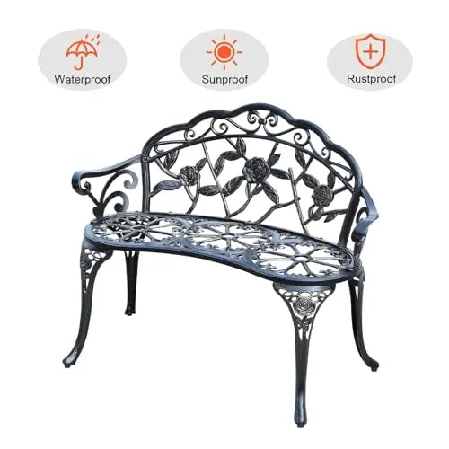Elegant Cast Aluminum Outdoor Bench With Rose Vine Design