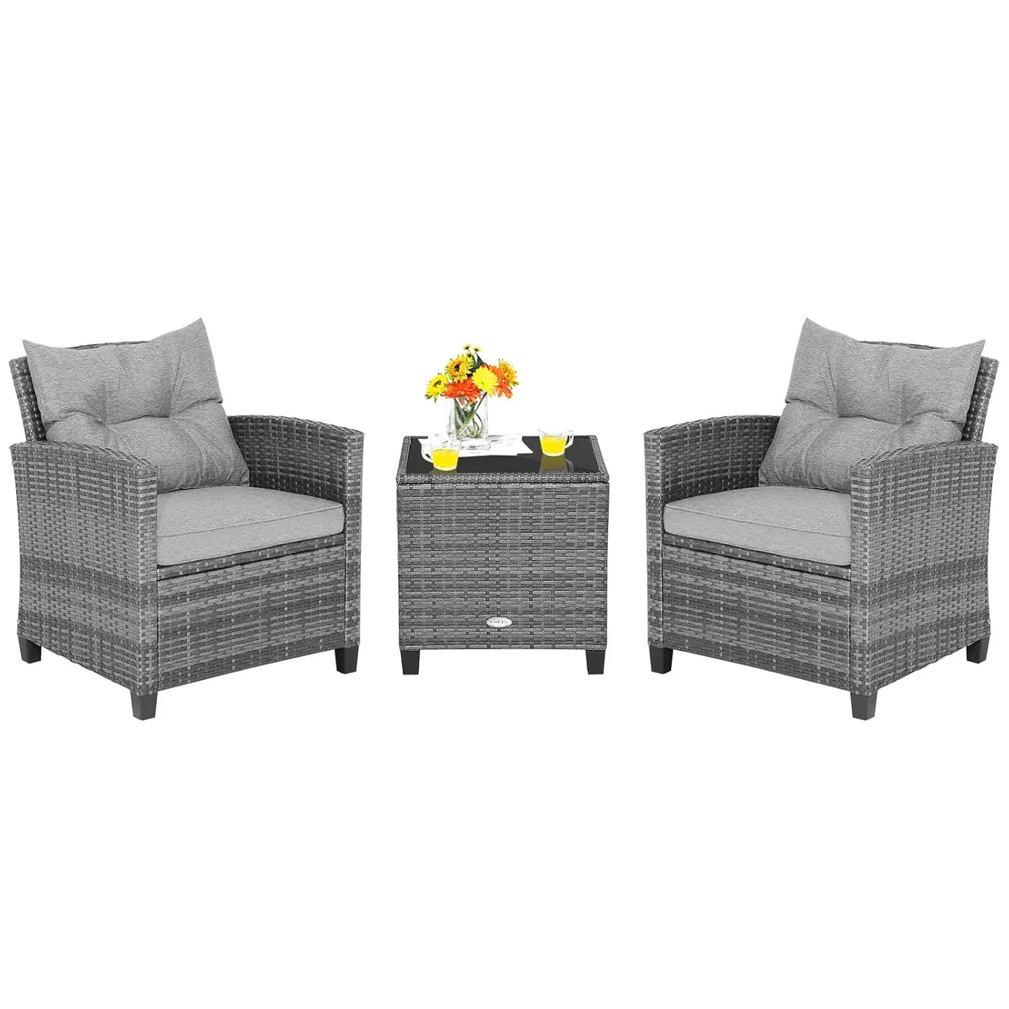 3 Piece Outdoor Patio Furniture Set With PE Rattan Chairs And Glass Table