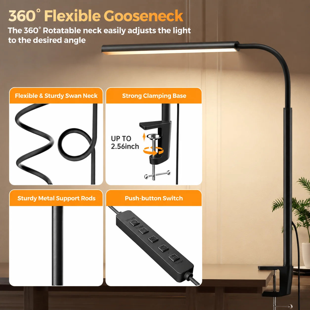LED Desk Lamp With Clamp Gooseneck 5 Lighting Modes 11 Brightness Levels