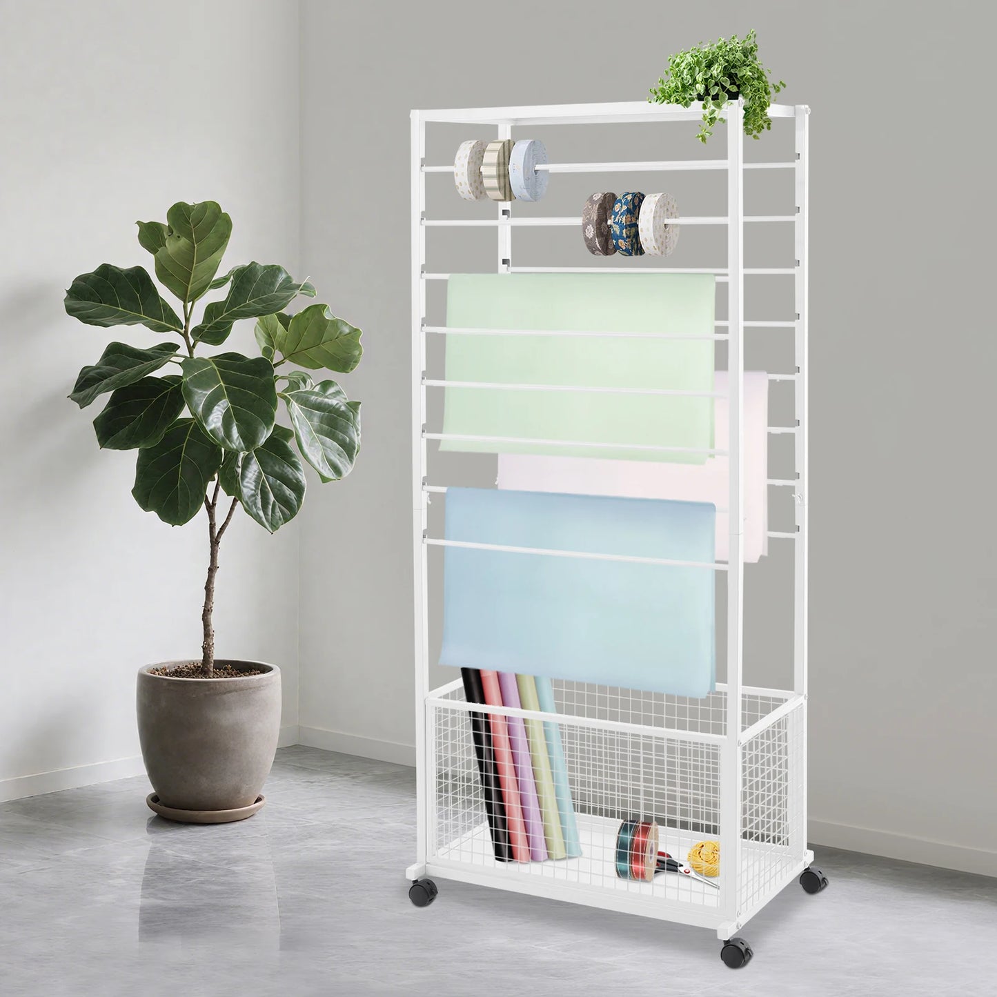 Ribbon Organizer Rack With Top Shelf And Storage Basket