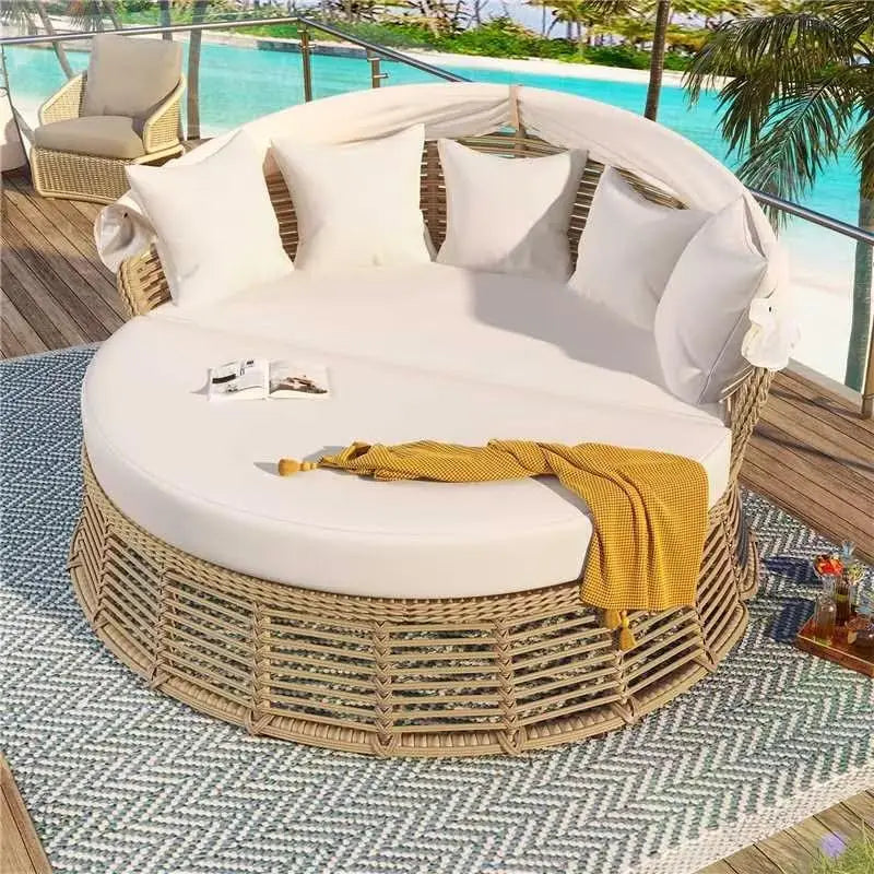 Outdoor Rattan Round Daybed With Retractable Canopy Wicker Furniture Poolside Sunbed With Removable Cushions