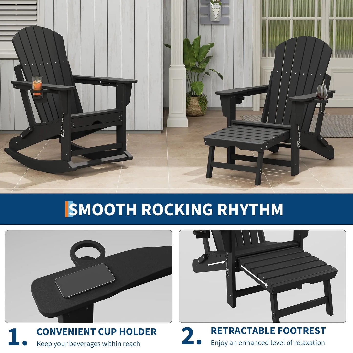 Studyset 4 In 1 Folding Adirondack Rocking Chair With Ottoman Cup Holder