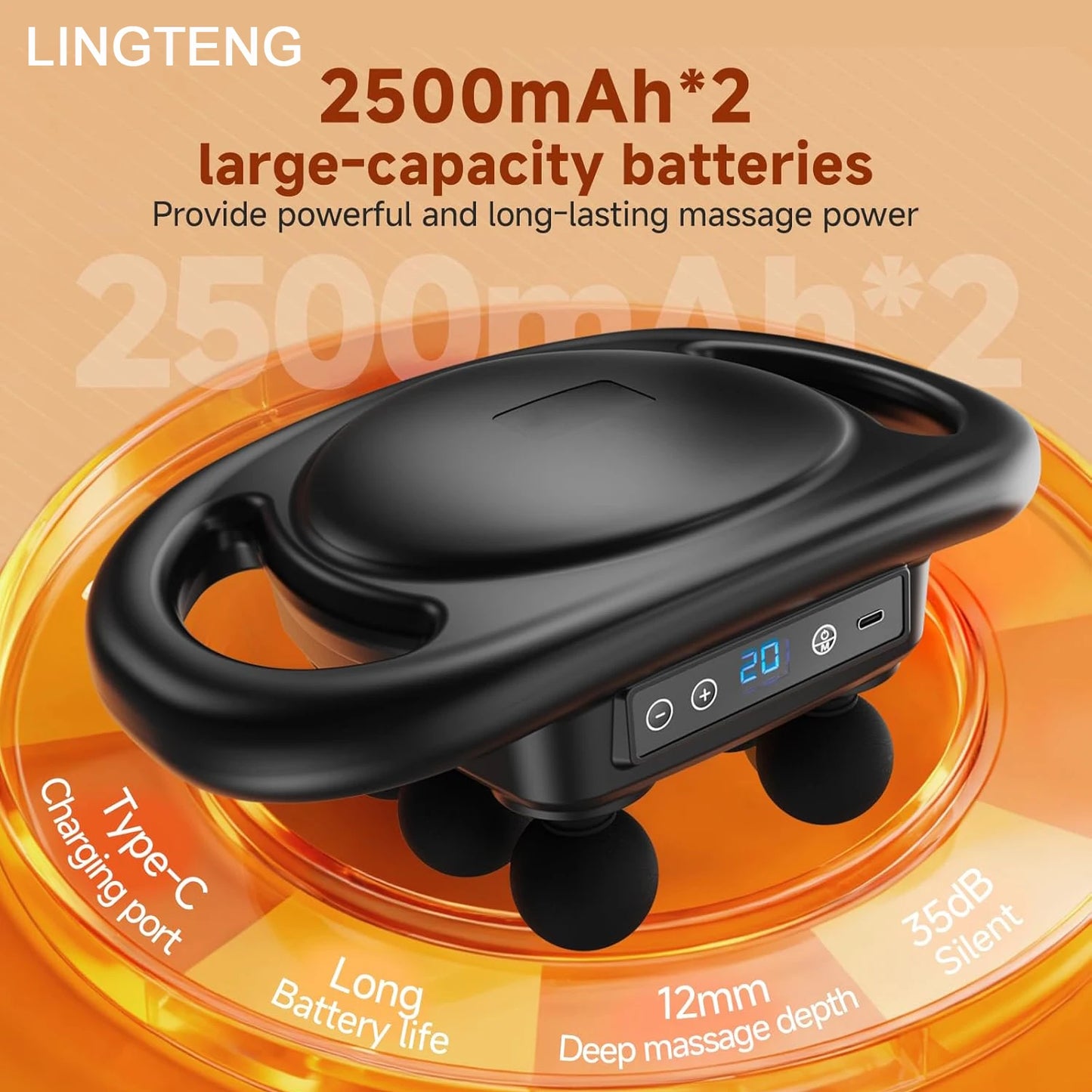LINGTENG Deep Tissue Massage Gun With 6 Heads 9 Intensity Levels 4 Modes