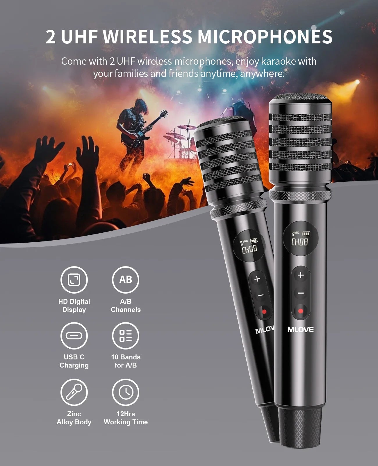 MLOVE D5 Karaoke Machine Bluetooth PA System 2 Wireless Microphones
