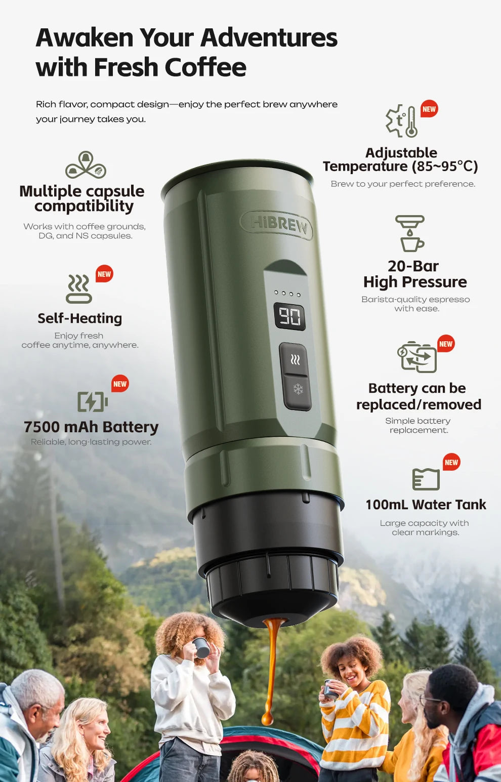 HiBREW H4C Portable Espresso Machine 3in1 Travel Coffee Maker 7500mAh Battery