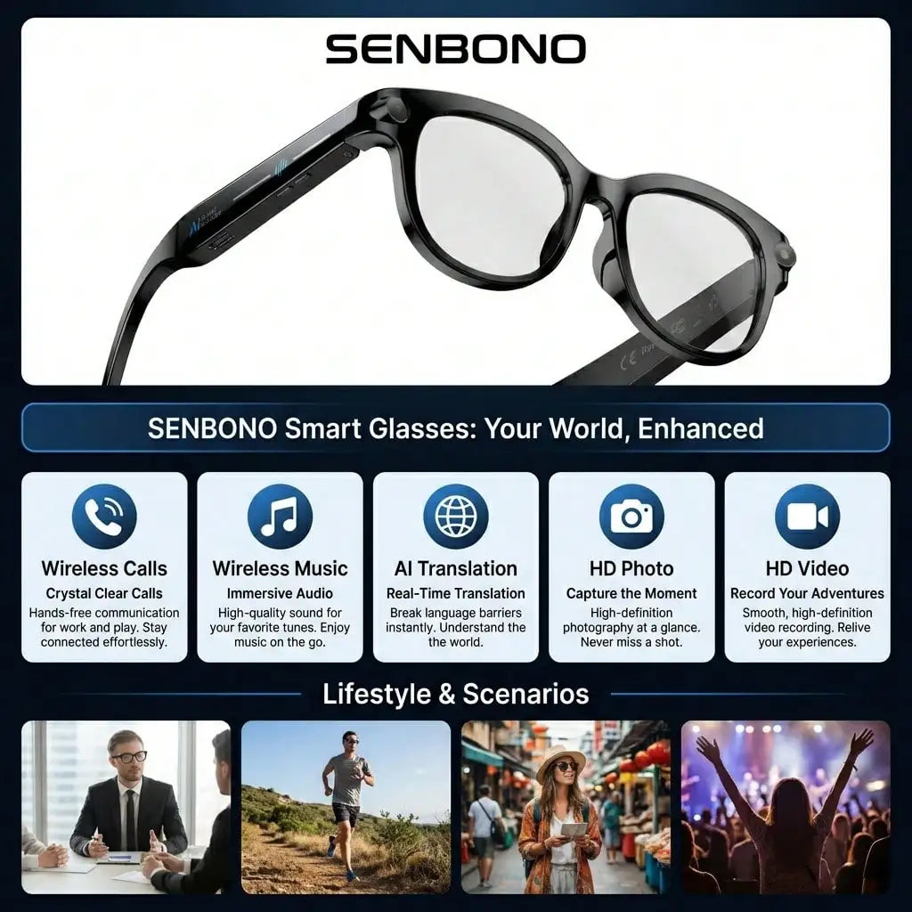 SENBONO AI Smart Glasses With 1080P 4K Video Real Time Translation Hands Free Camera Voice Assistant Sunglasses
