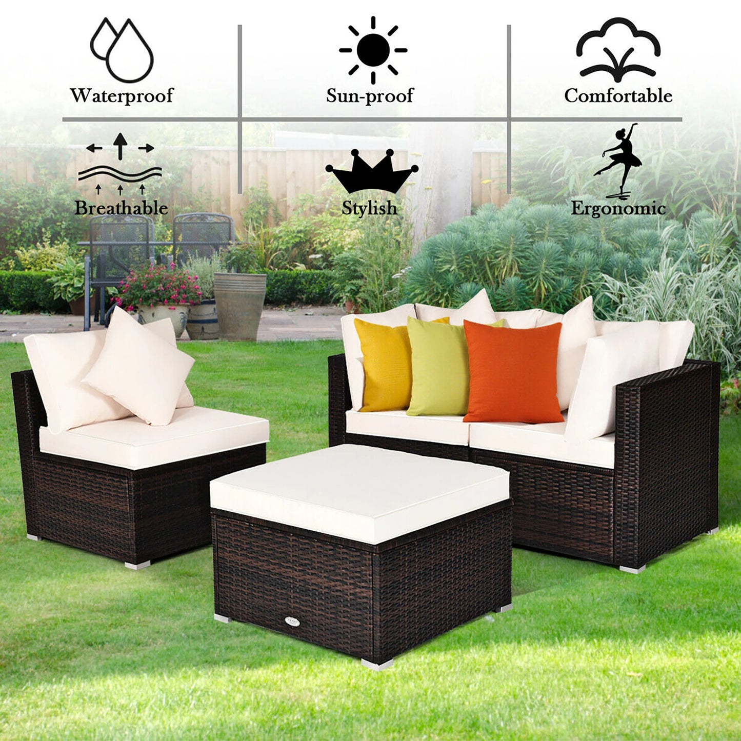 HOMASIS 4 Piece Patio Rattan Wicker Sofa Set With Cushioned Ottoman