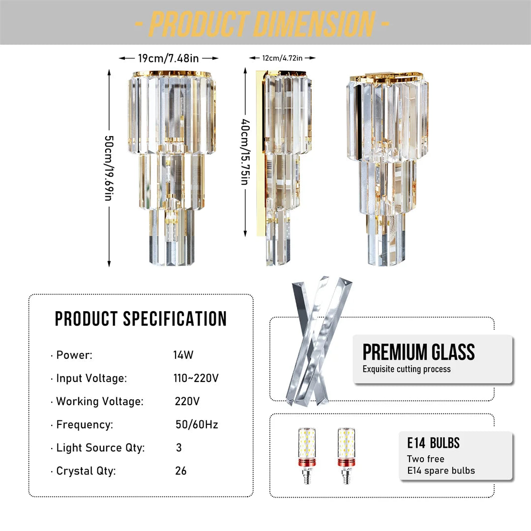 LUVODI Modern Crystal Wall Lamp 3 Layer Sconce Light E14