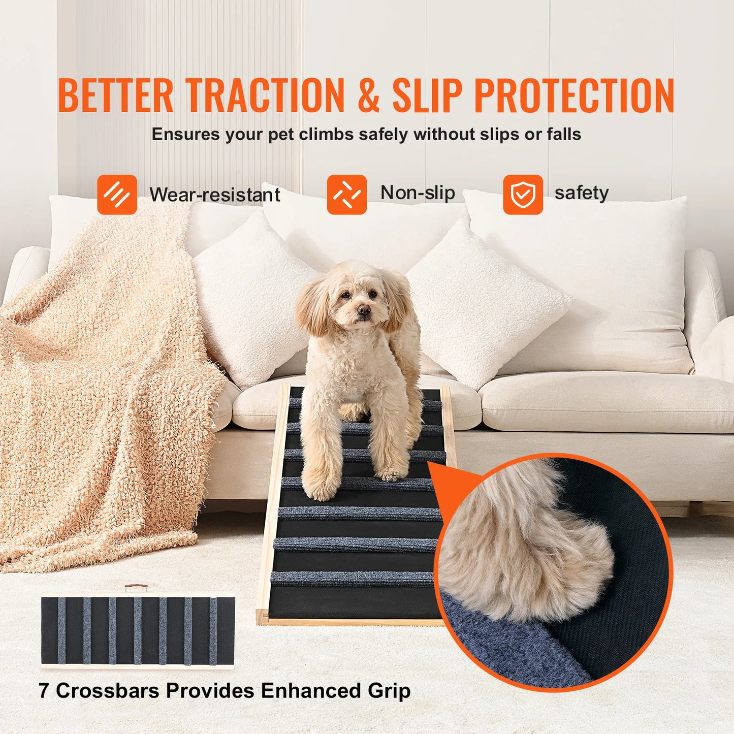 Give your small or aging dog confident access to sofas, beds, and cars with this folding wooden ramp.