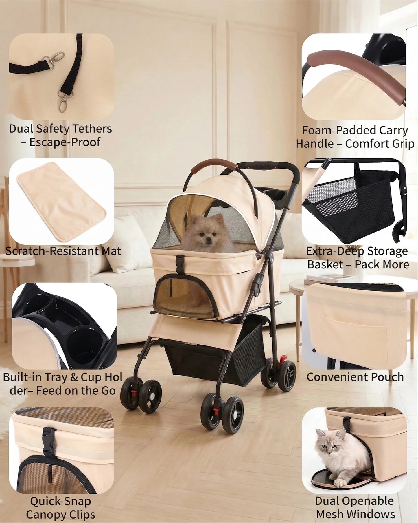 Cabusatly 2in1 Pet Stroller For Small Dogs Cats Foldable Carrier