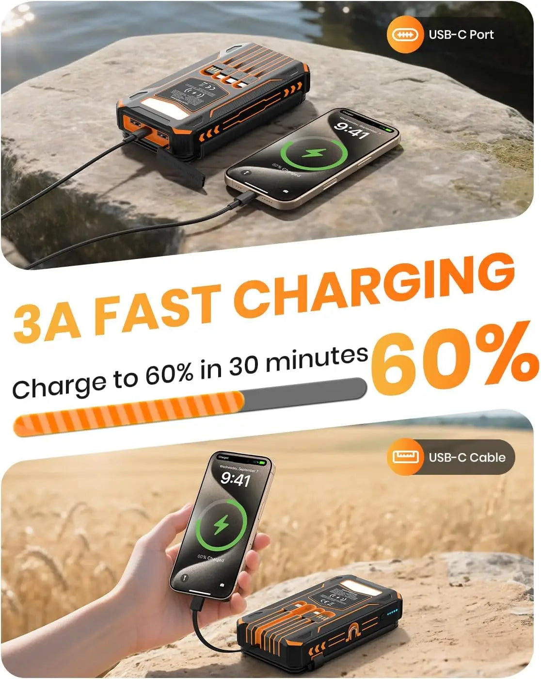 Wildfire 48000mAh Solar Power Bank With Built In Cables