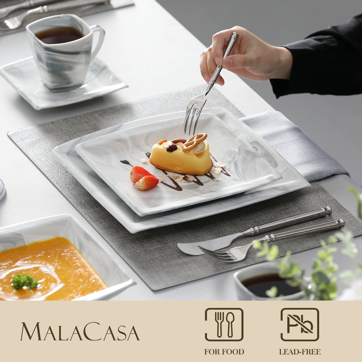 MALACASA Marble Porcelain Dinnerware Set Service for 12