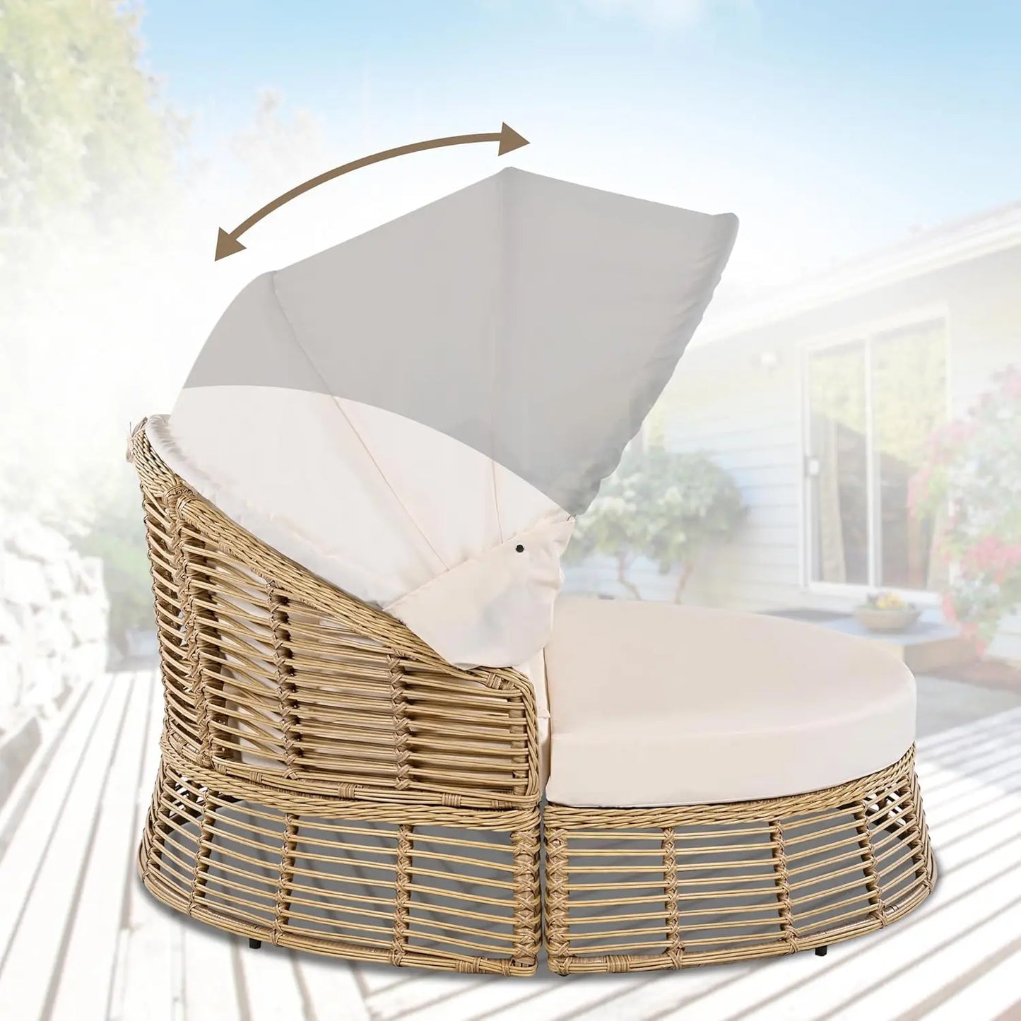 Outdoor Rattan Round Daybed With Retractable Canopy Wicker Furniture Poolside Sunbed With Removable Cushions