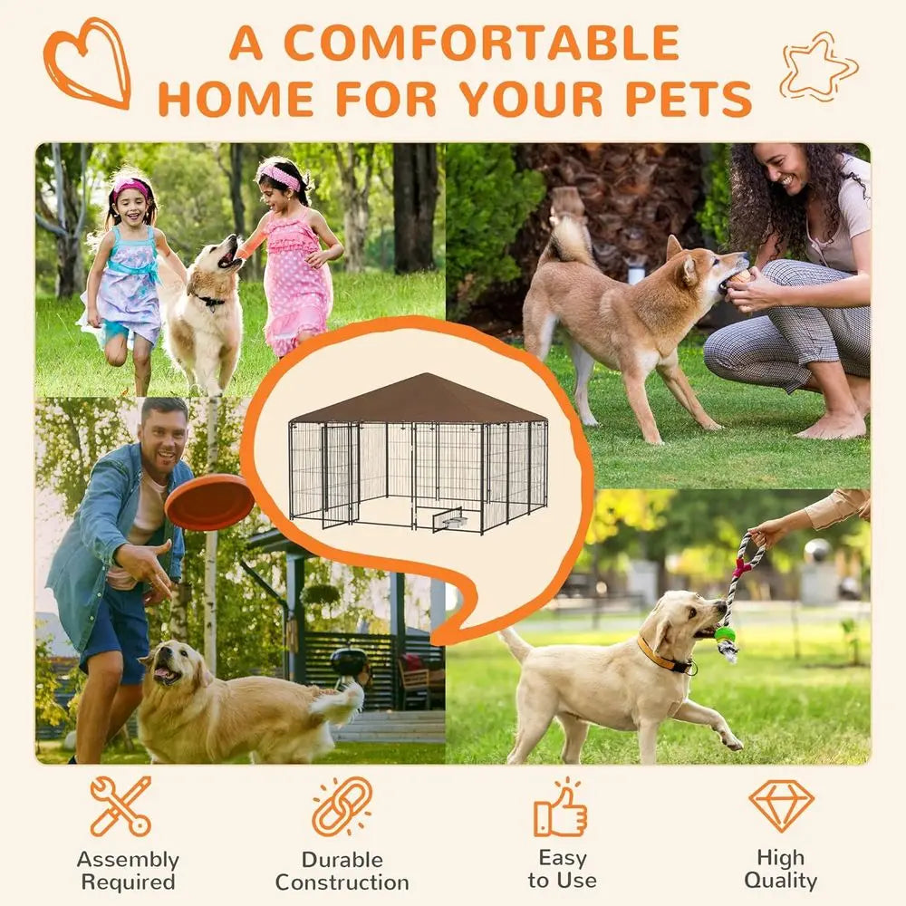 Outdoor Dog Kennel Covered Roof Play Pen Metal Garden Enclosure