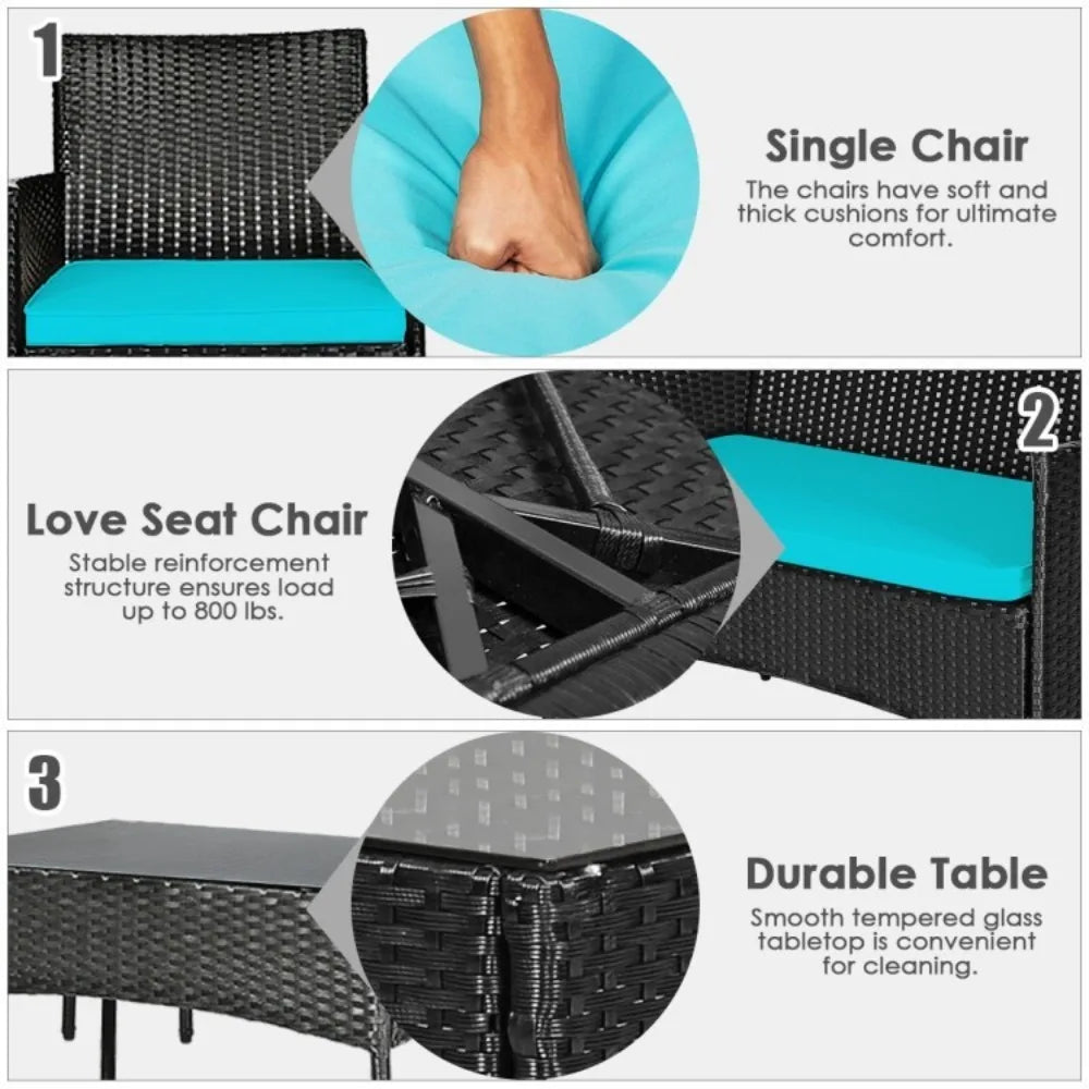 Patio Rattan Cushioned Sofa Set With Tempered Glass Coffee Table