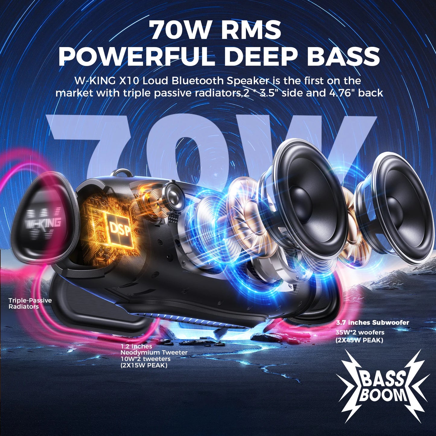 W-King X10 Bluetooth Speaker 120W Portable Waterproof Outdoor Party Subwoofer