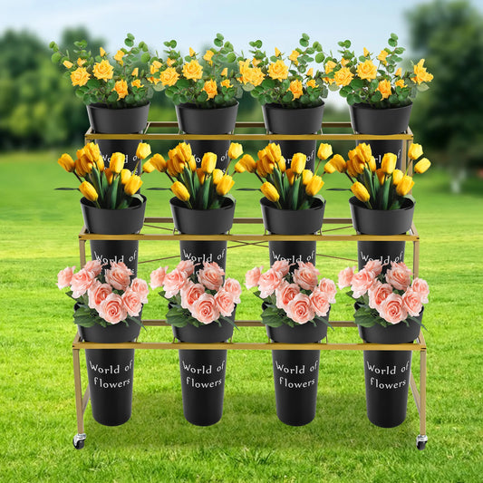 Three Tier Rolling Plant Stand With 12 Pots On Wheels Metal Garden Shelf For Balcony Patio