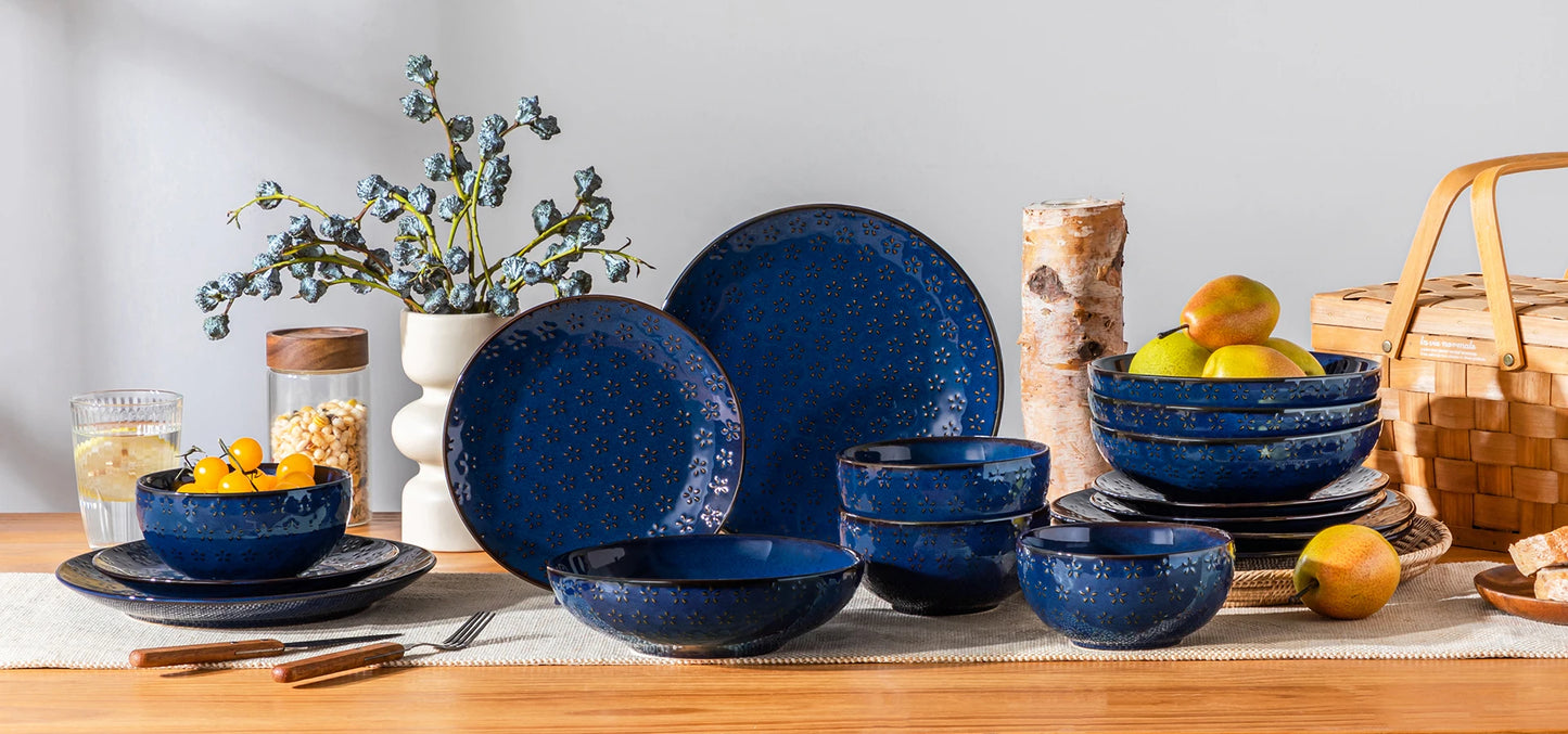 MALACASA Lydia Stoneware Dinner Set Embossed Plates And Bowls