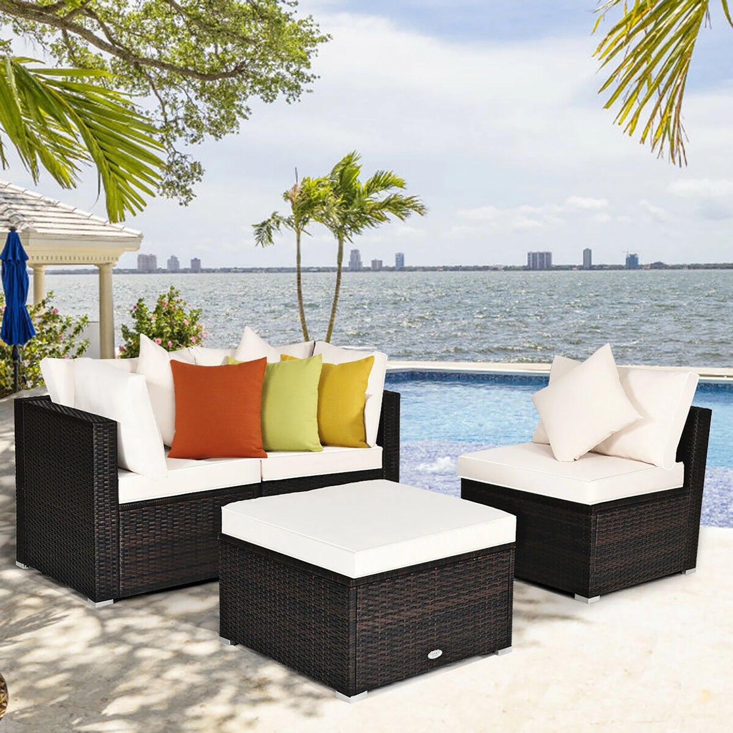 HOMASIS 4 Piece Patio Rattan Wicker Sofa Set With Cushioned Ottoman