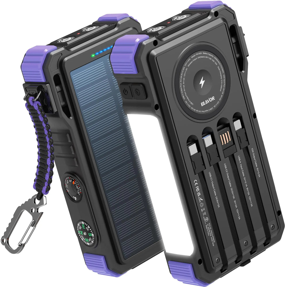 Solar Power Bank 20000mAh Built In Cables Wireless Charger